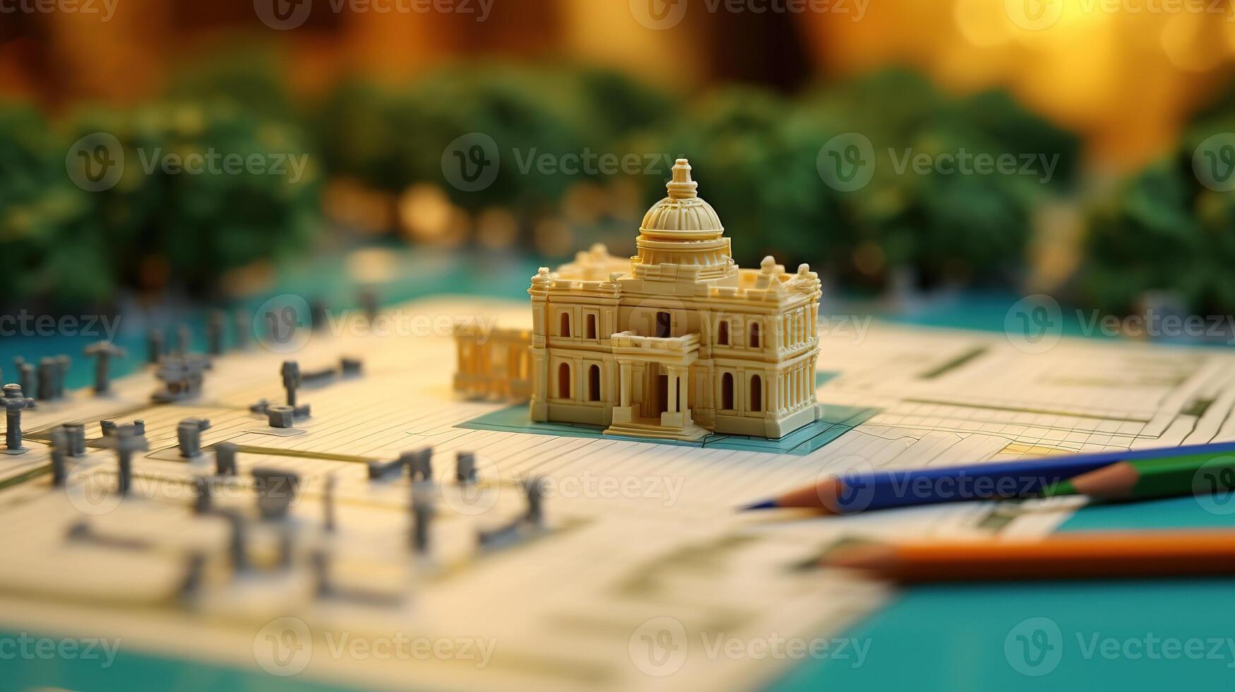 lego paper European Building on notebook and pencil on top photo