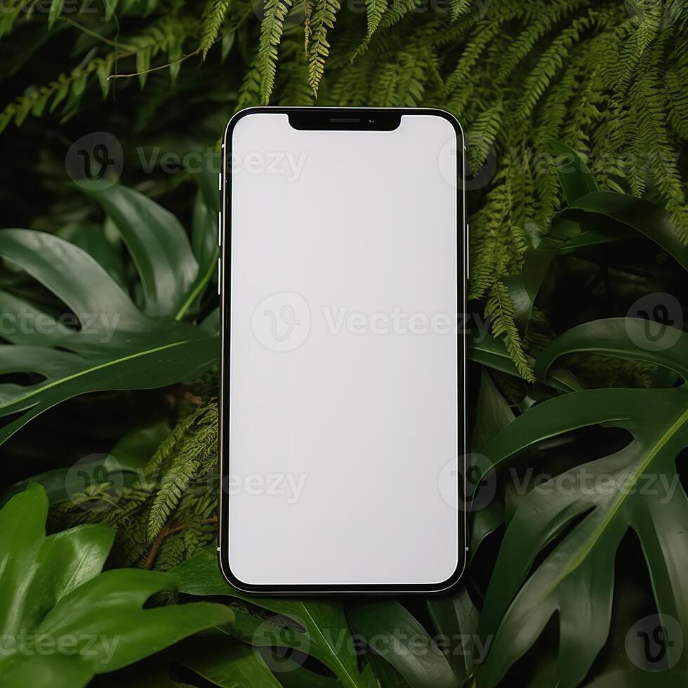 white screen smartphone in front of green leaves photo