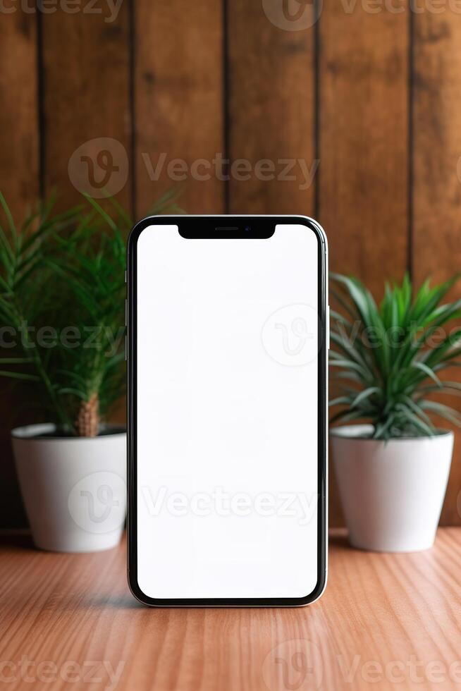 a smartphone on a wooden table with plant photo