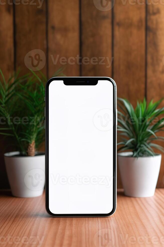 ai generativo un teléfono inteligente en un de madera mesa con planta foto