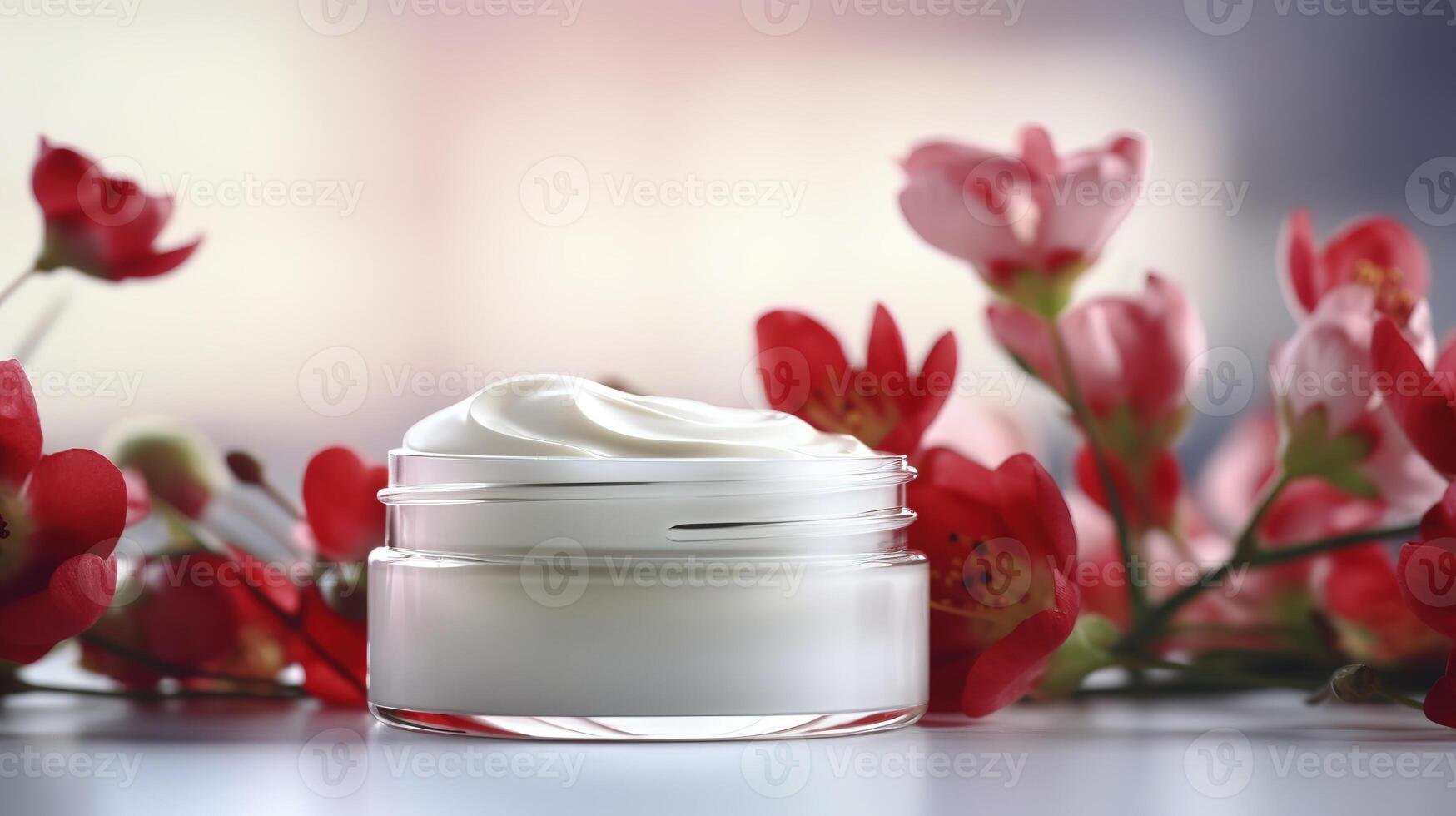 ai generativo blanco cara crema en blanco mesa con algunos flores foto