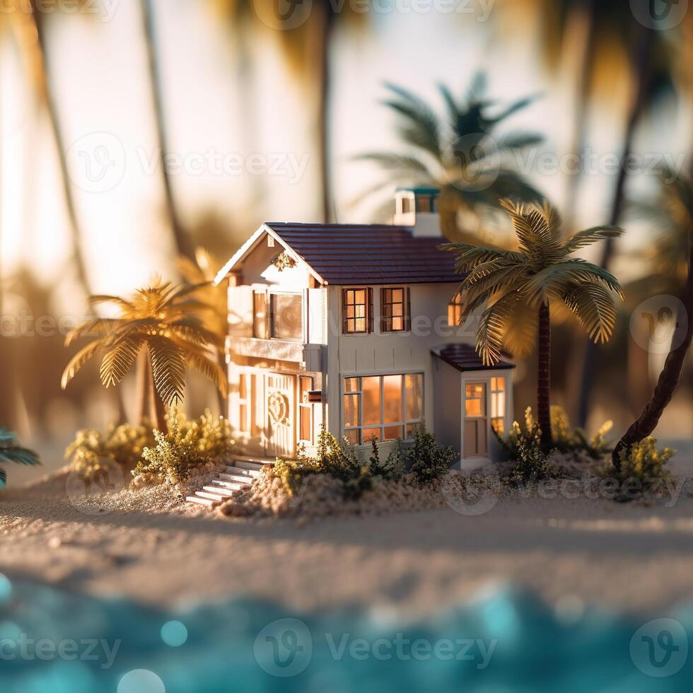 a portrait of a miniature house in ocean beach with palm trees and waves photo
