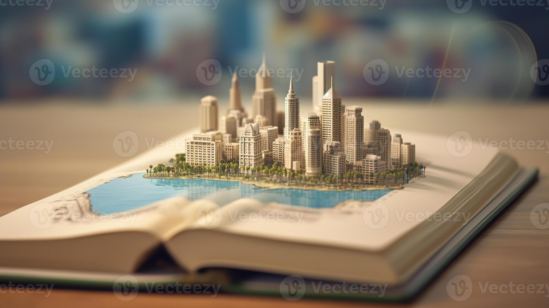 AI generative a book is open with a city in the background photo