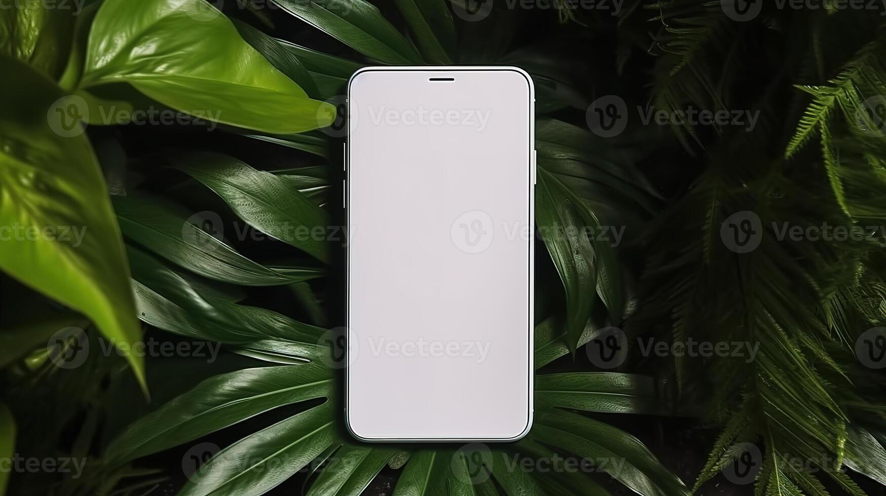 AI generative white screen smartphone in front of green leaves photo