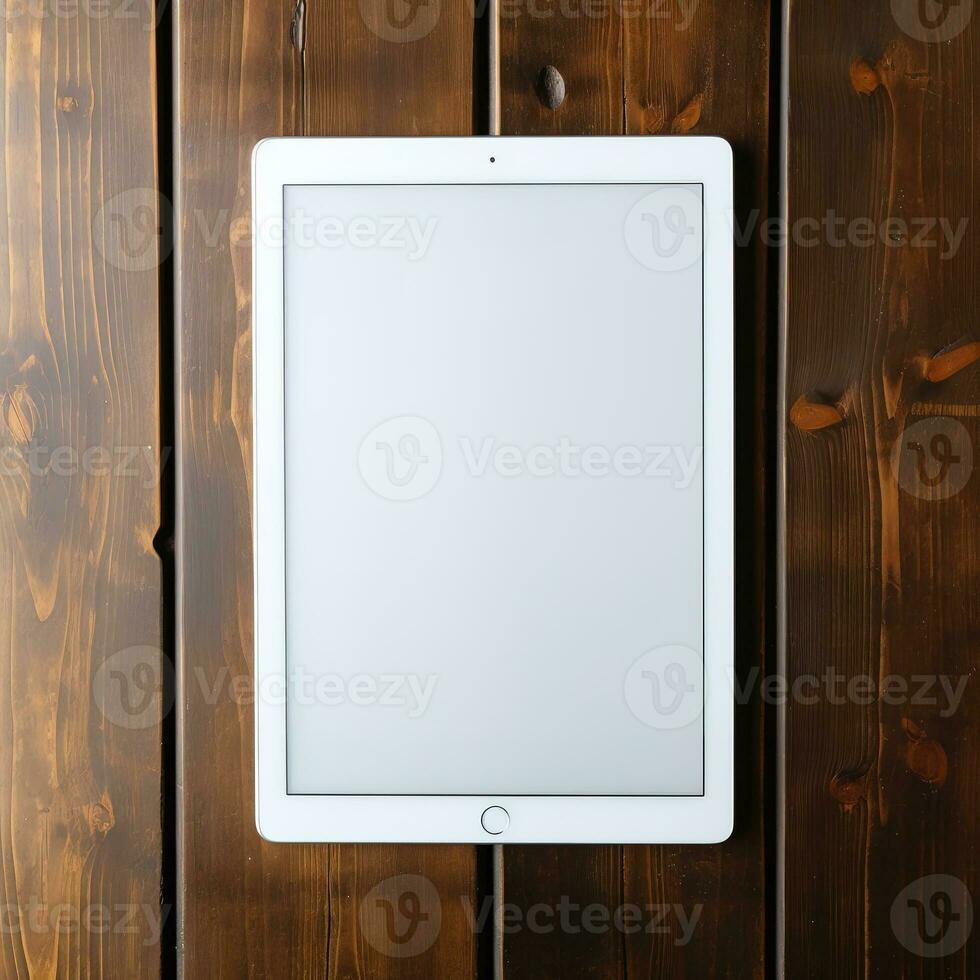 AI generative a blank white screen tablet on the wooden floor photo