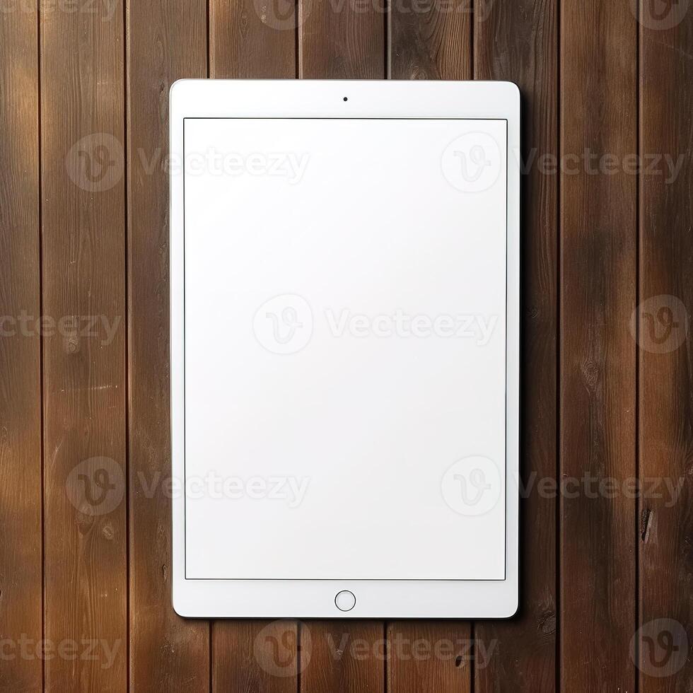 AI Generative a blank white screen tablet on the wooden floor photo