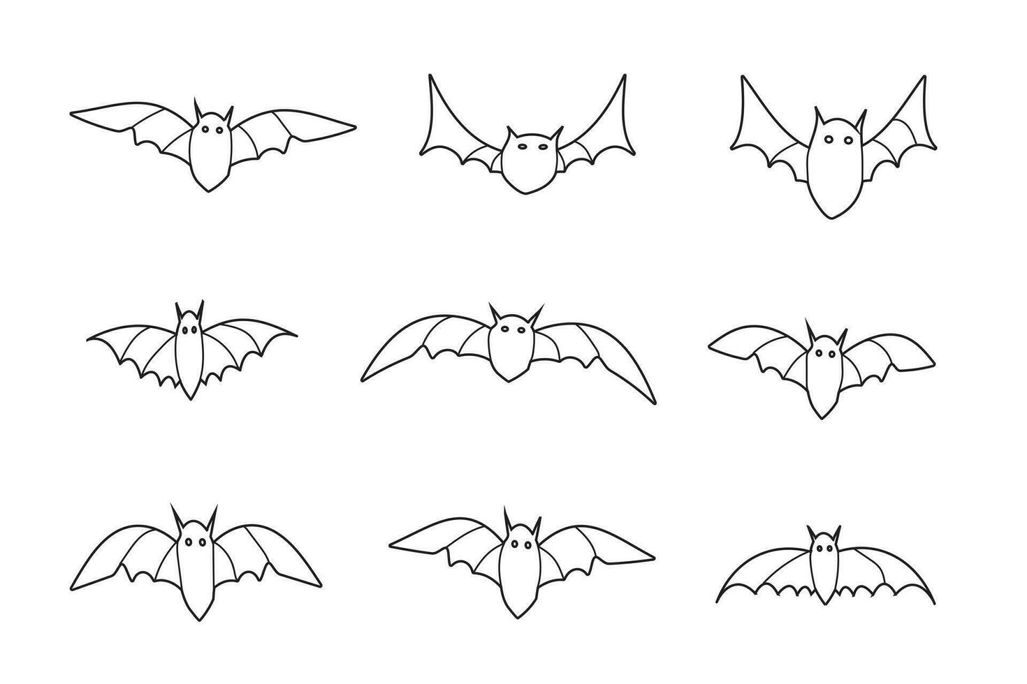 set of Hand drawn Outline Halloween Bat line art drawing vector, different flying bats animals night flyin element kid drawing for nursery funny halloween Bats coloring sheets graphic element vector