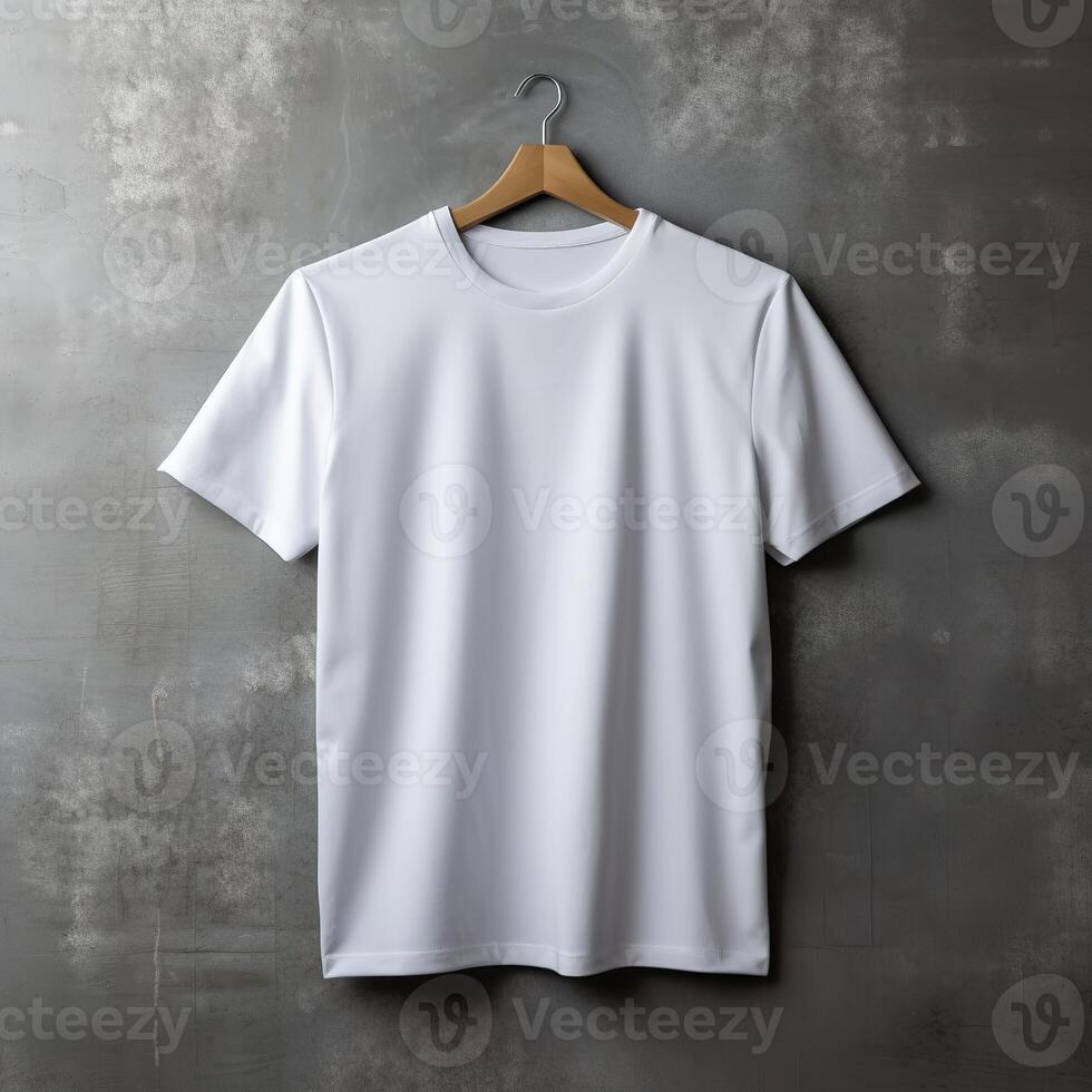 white tshirt hanging on a gray wall photo