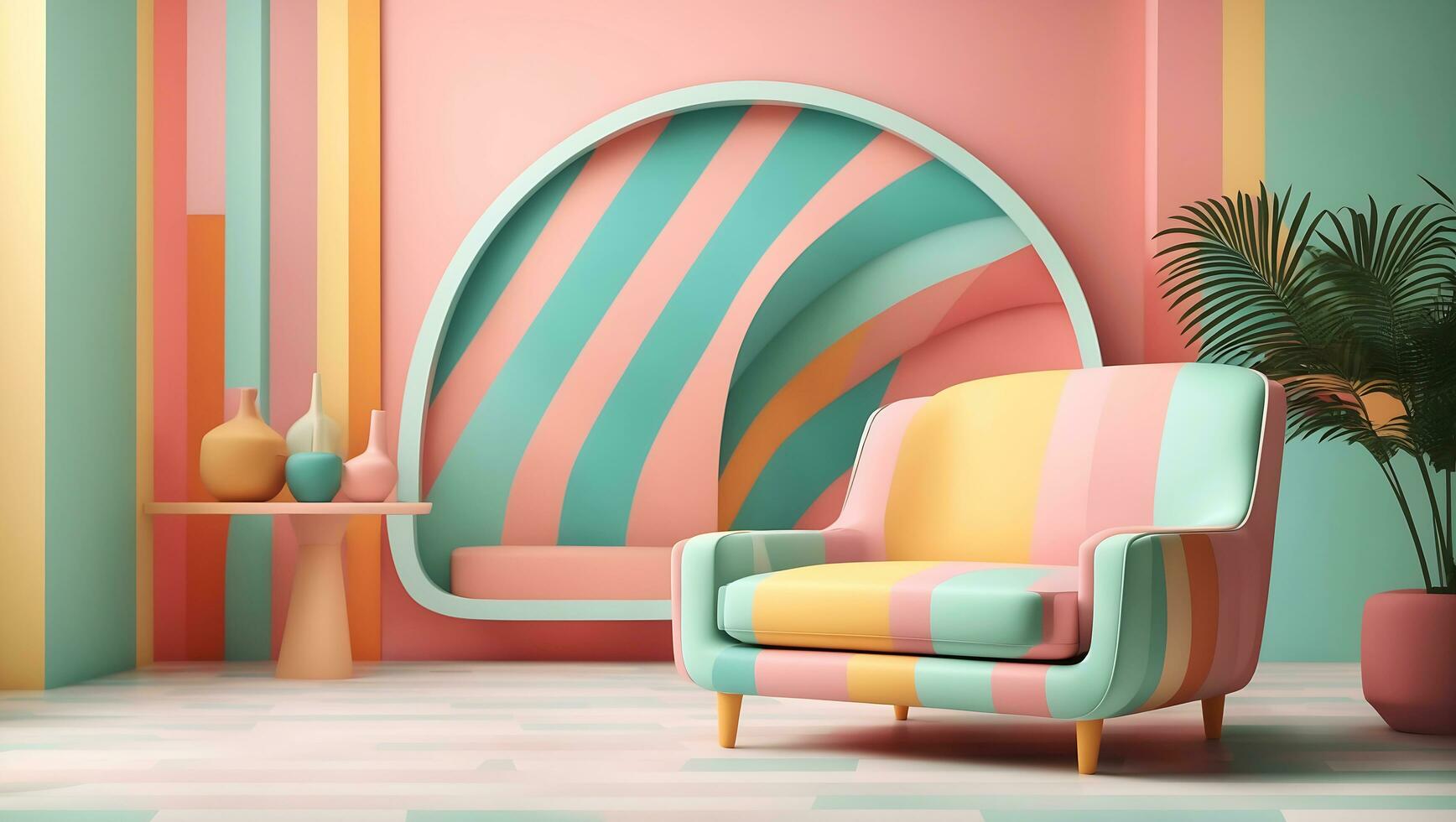 Abstract minimal concept. Pastel multi colour vibrant groovy retro striped background wall frame with bright armchair decor photo