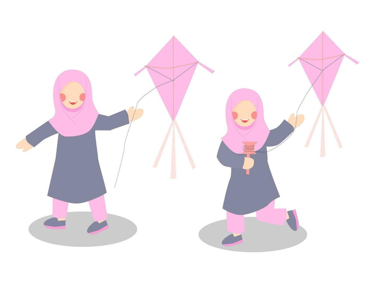 Cute Girl Playing a Kite Illustration vector