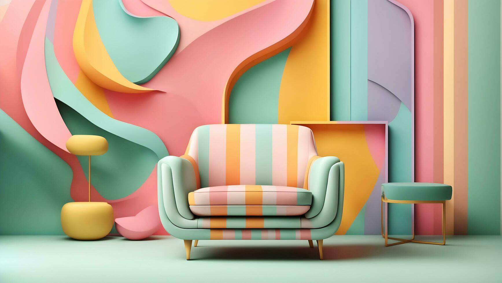 Abstract minimal concept. Pastel multi colour vibrant groovy retro striped background wall frame with bright armchair decor photo