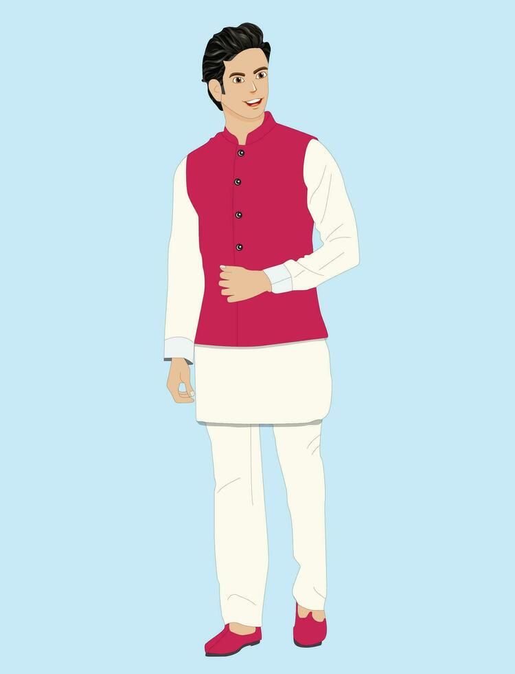 Man wearing the national dress of Pakistan. Shalwar kameez and Sherwani vector