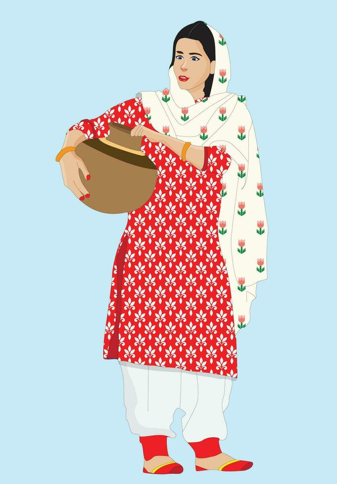 Pakistani women wearing shalwar kameez, dupatta, khussa shoes and holding a clay water pot vector