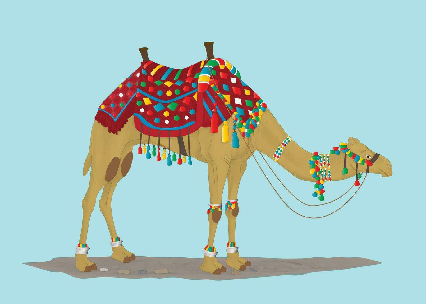 camel standing with the traditional colorful saddle. vector illustration