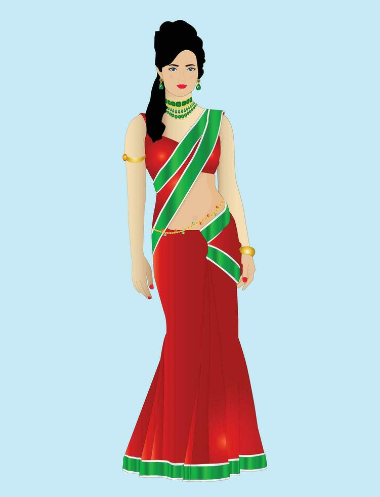 hermosa indio niña vistiendo rojo y verde sari vector