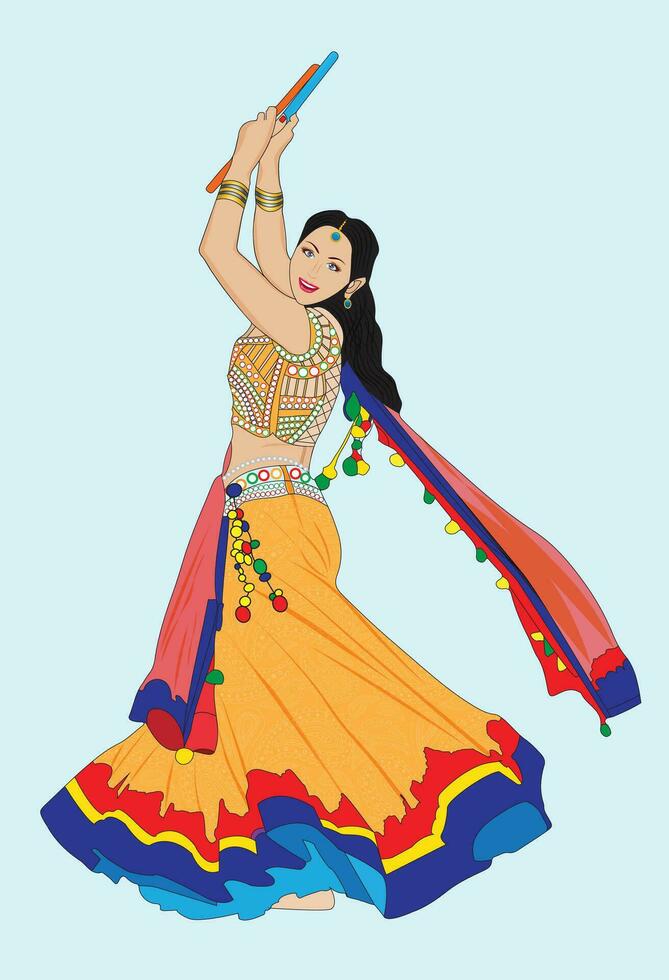 beautiful Indian girl playing dandia wearing yellow blouse and sharara vector