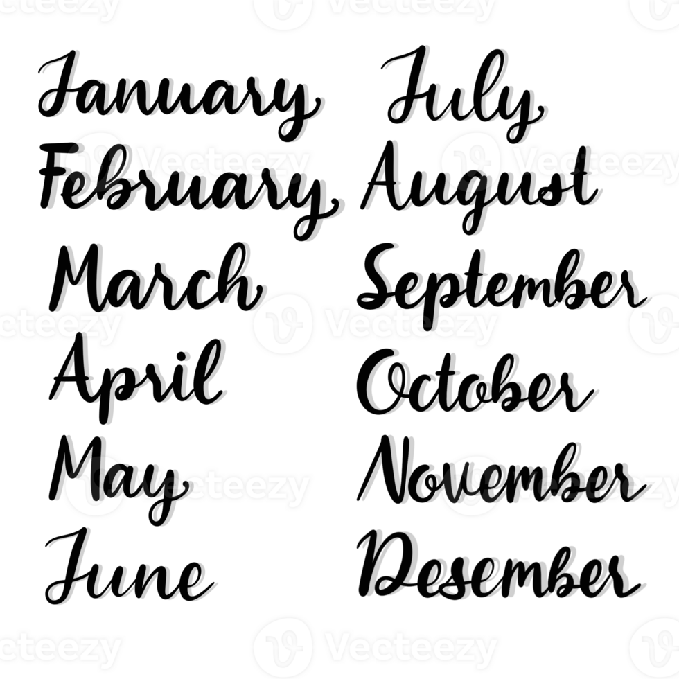 name of months hand drawn lettering isolated on transparent background png
