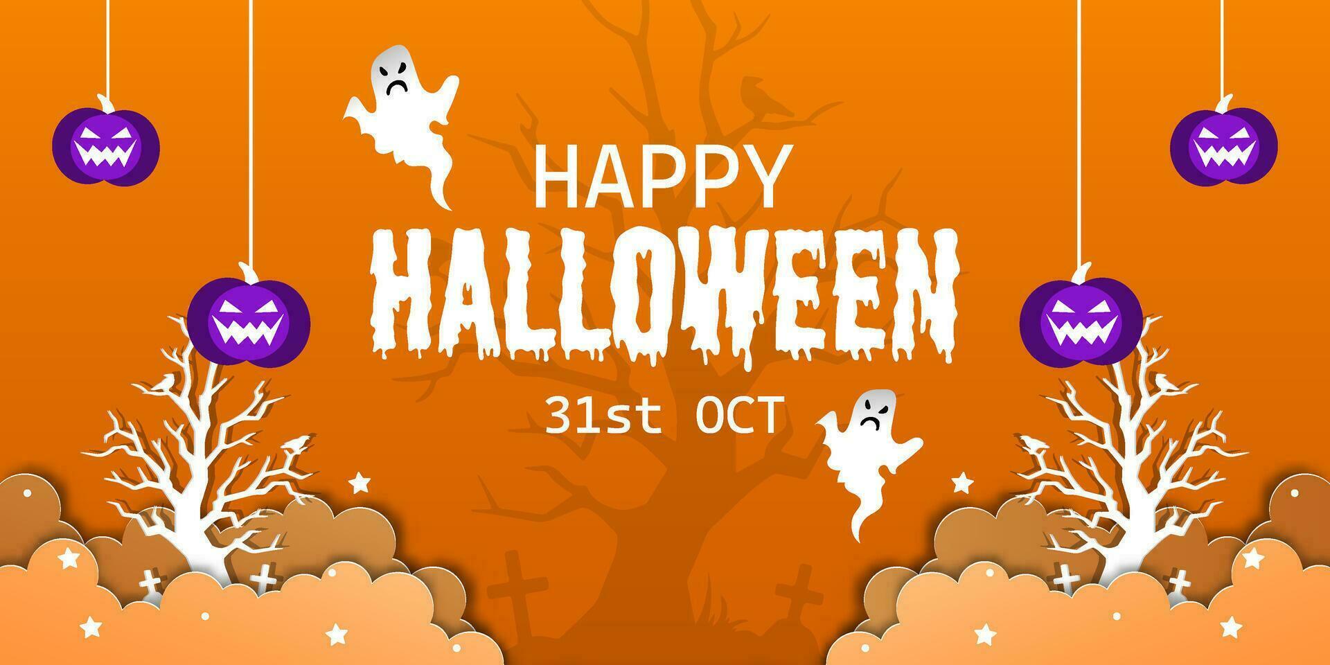 Happy Halloween banner or party invitation background in paper cut style. vector