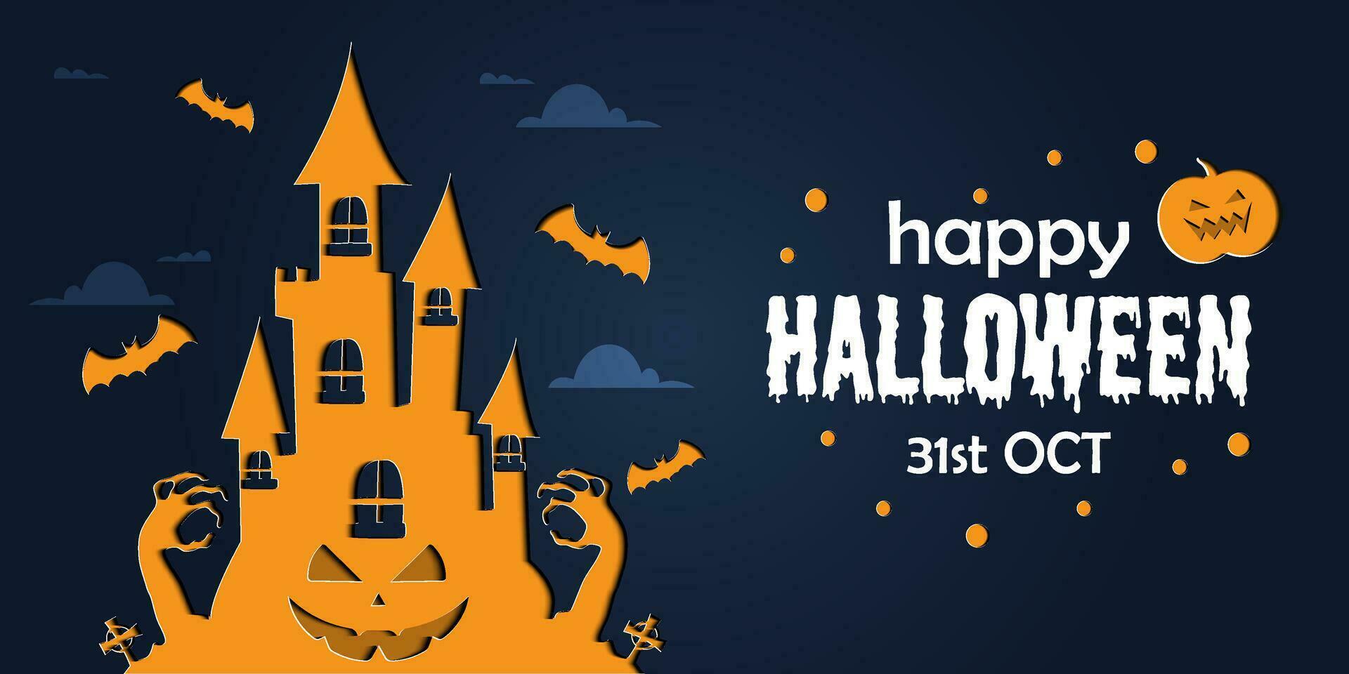 Happy Halloween banner or party invitation background in paper cut style. vector