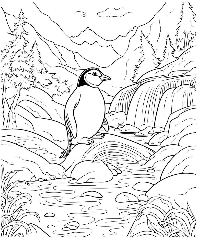 pingüino el hielo río colorante página vector