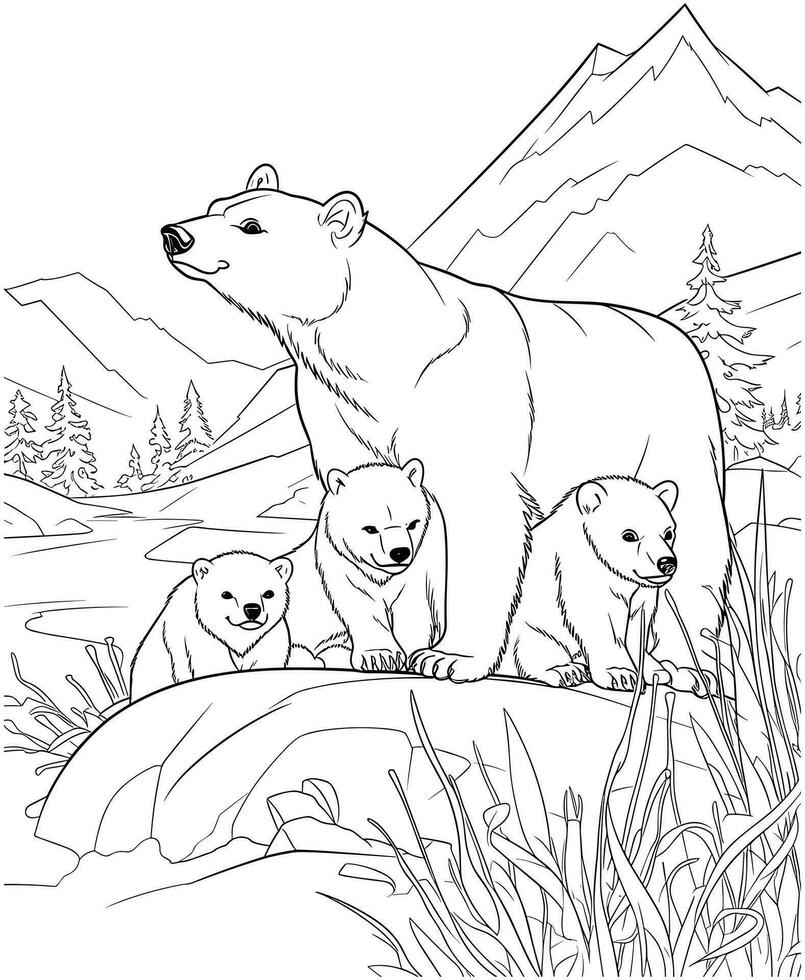 polar bear and baby coloring page vector