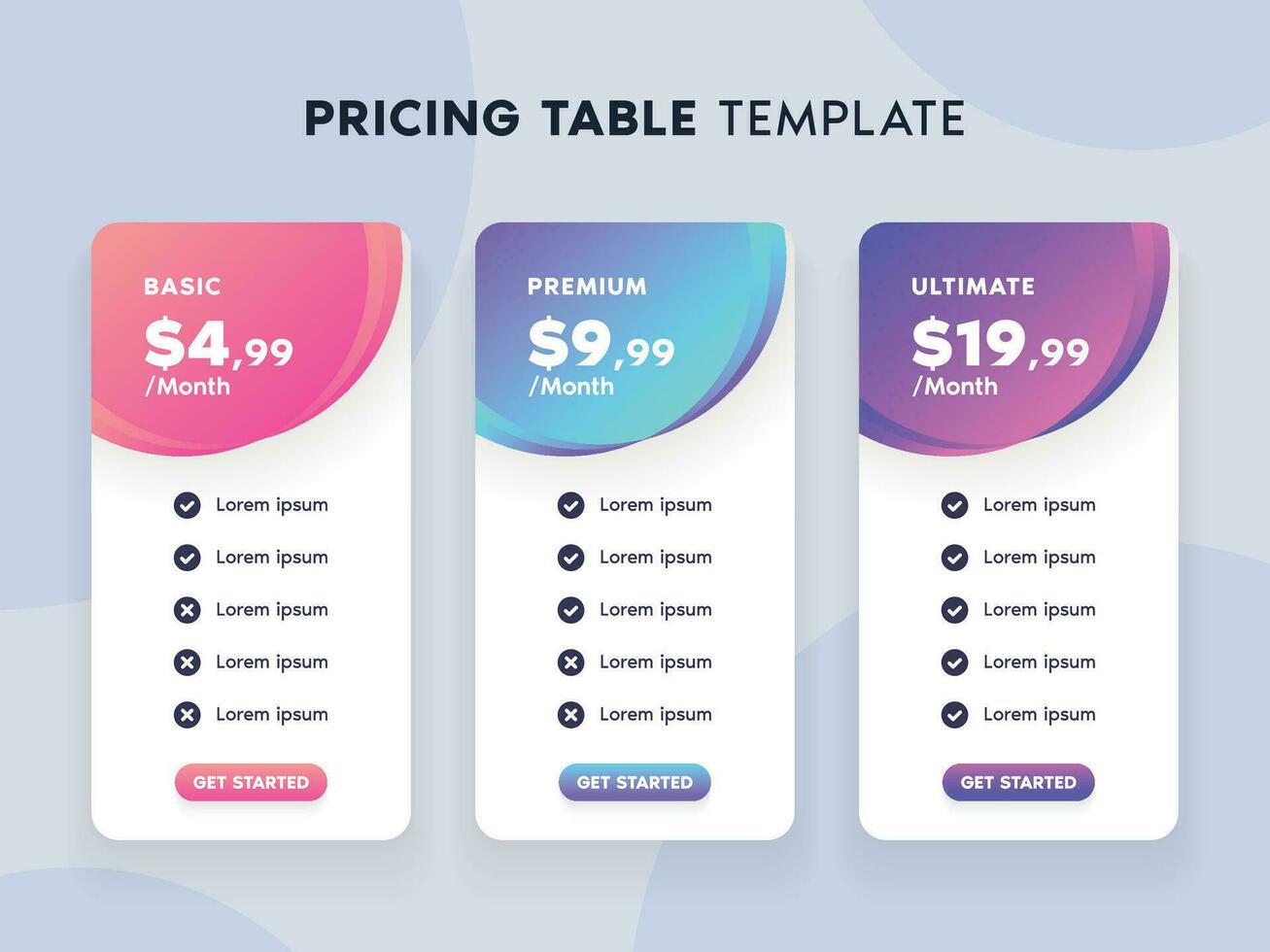 Pricing Table Template with Bright Gradient Color and 3 Choices for Website vector