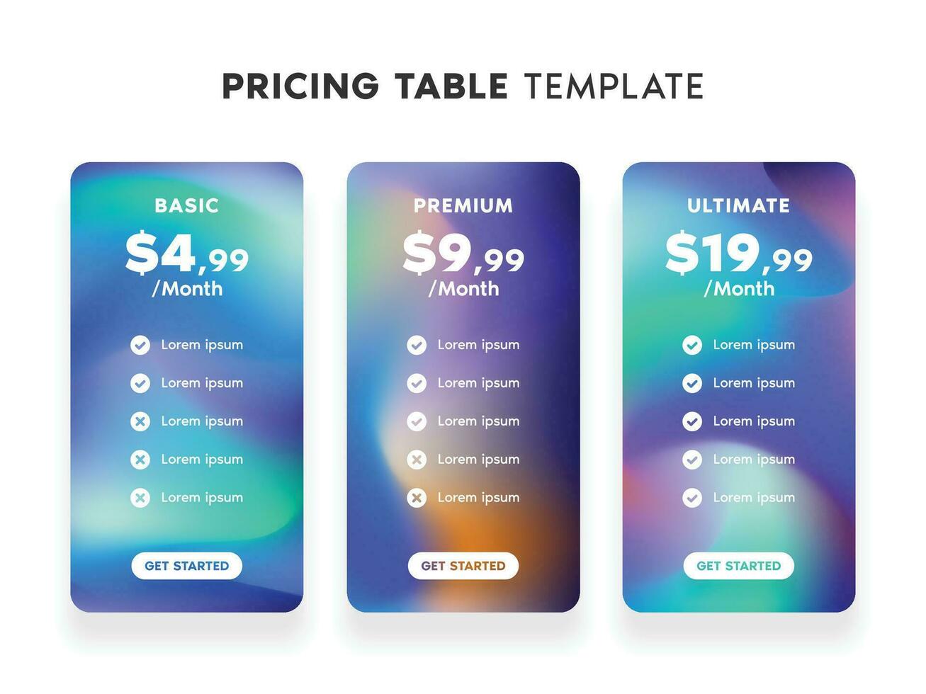 Pricing Table Template with Bright Gradient Color and 3 Choices for Website vector