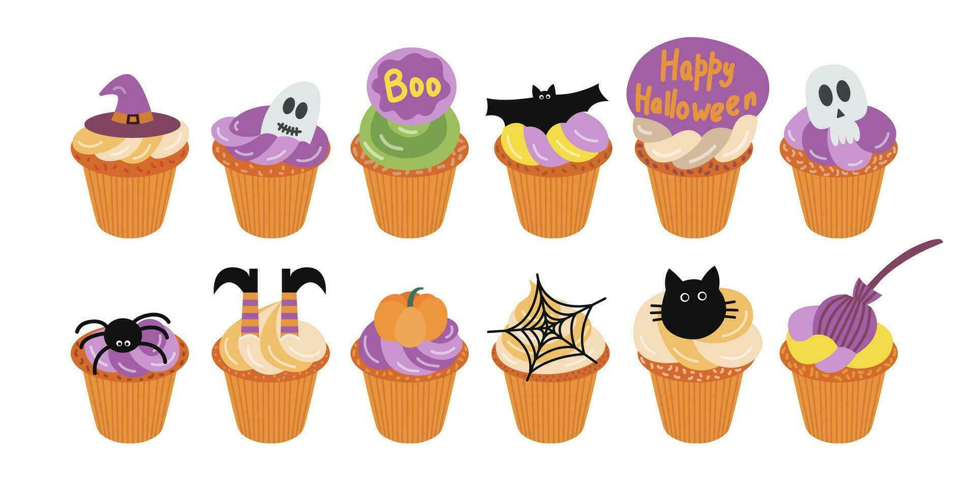 Vector Halloween cupcakes flat style set. Boo, Happy Halloween, scary dessert, spooky muffins vector set