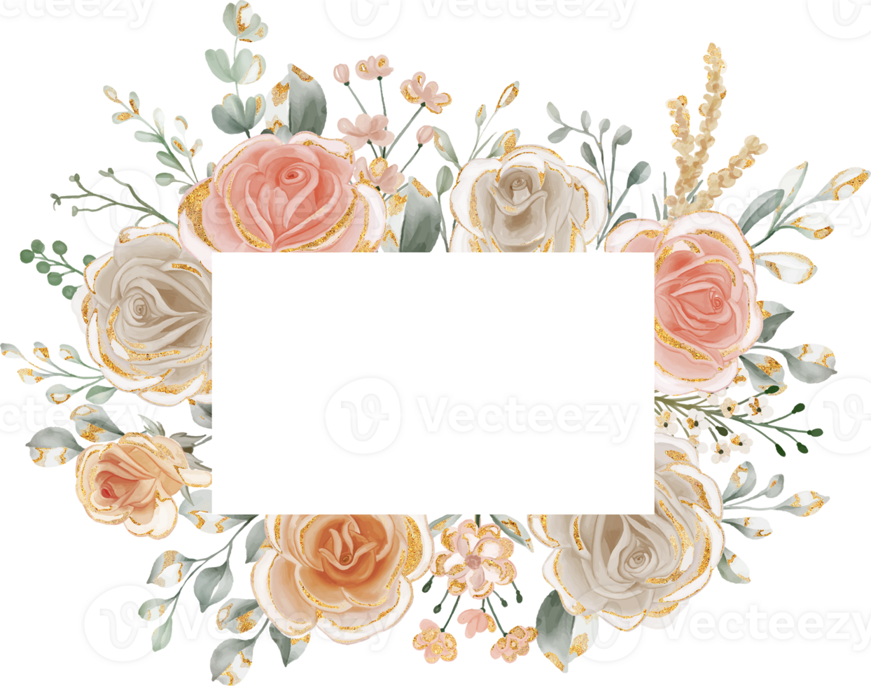 Roses Frame with a Golden Sparkle watercolor illustration png