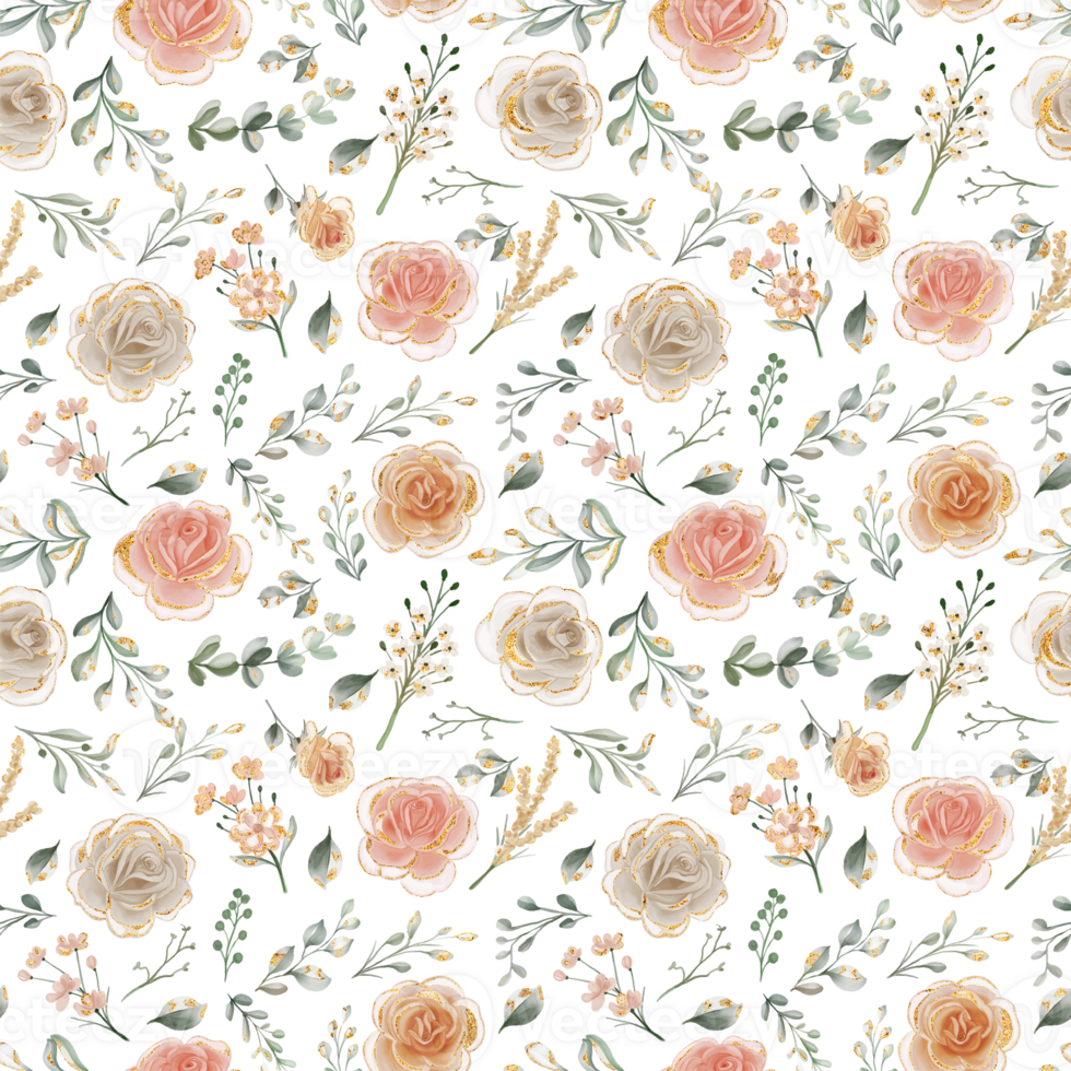 Roses Seamless Pattern with a Golden Sparkle watercolor illustration png