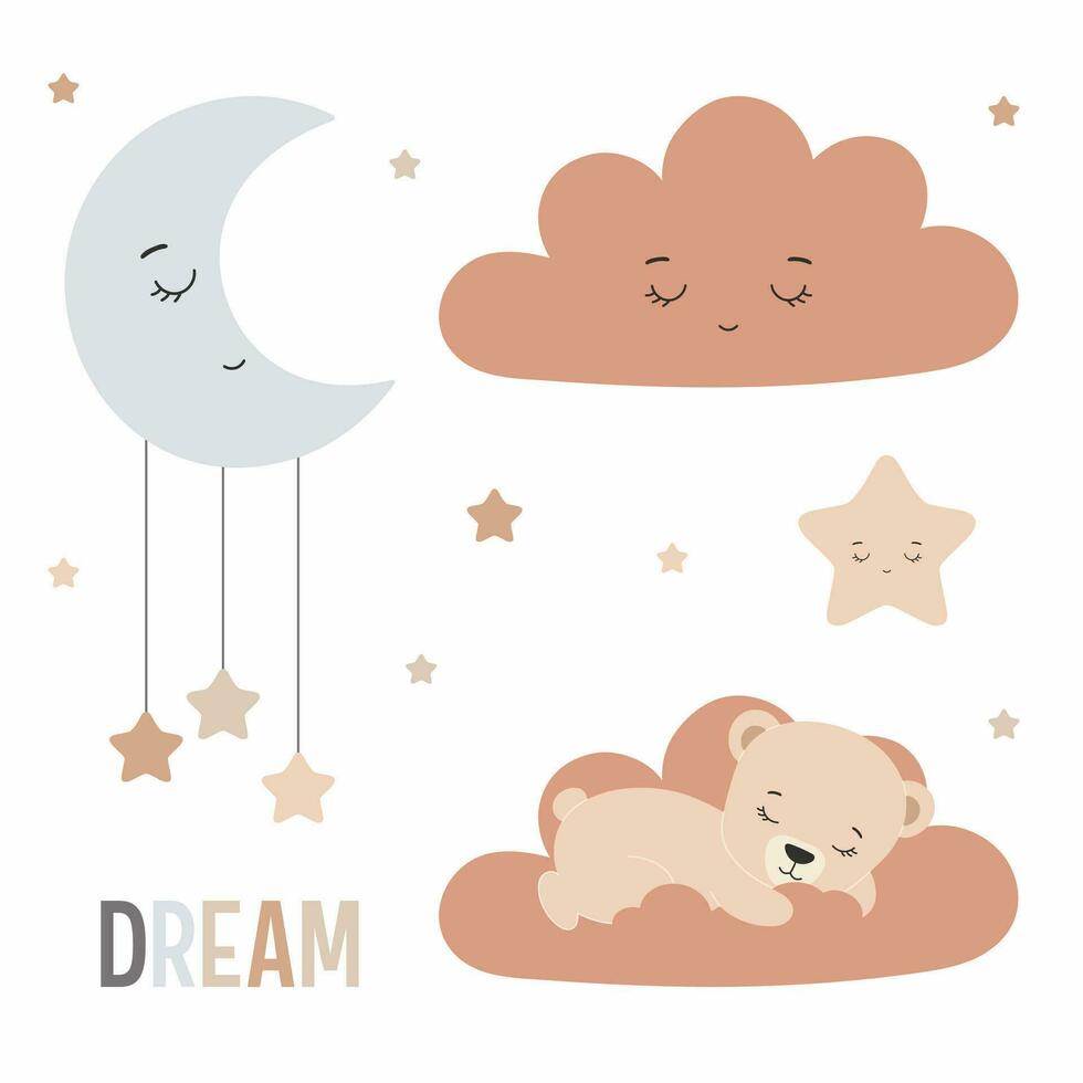 Vector nursery elements. Sleeping cloud, moon, star and cute teddy bear sleeping on the cloud. Flat design for wallpaper, kid's clothing, greeting card, baby shower invitation.