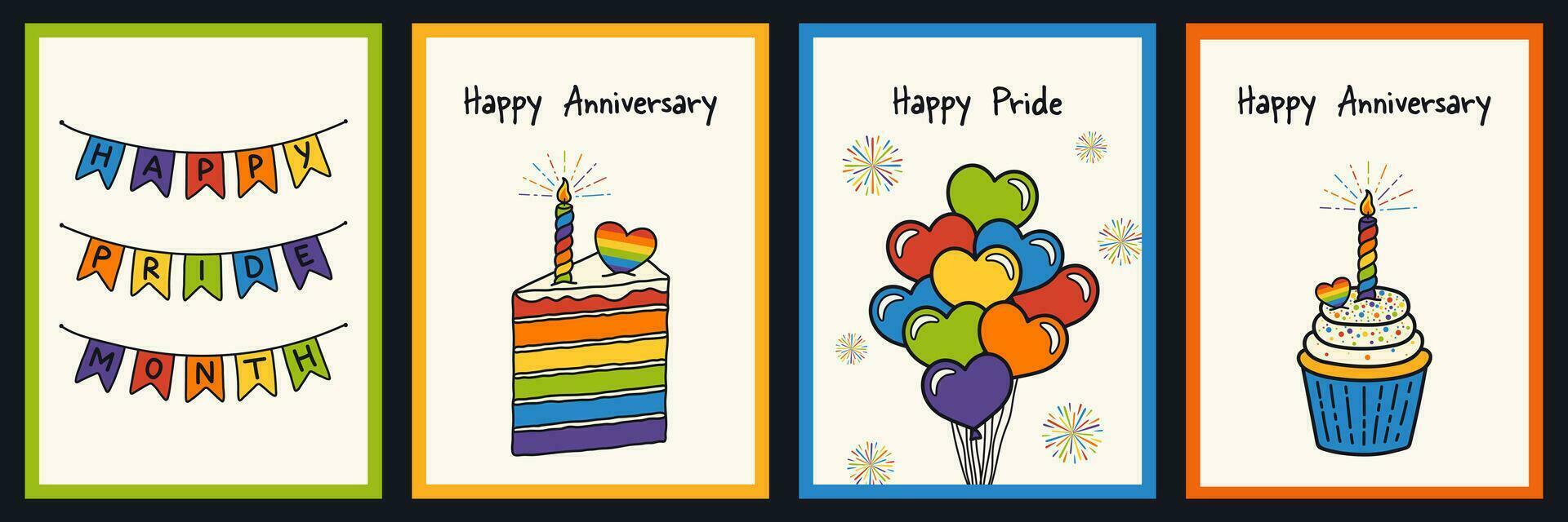 Set of Happy Pride month and happy anniversary hand drawing greeting cards. vector