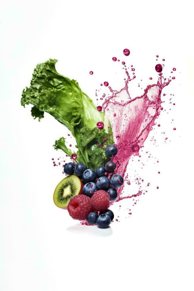 Smoothie splash mid blend capturing fruit and kale chunks isolated on a white background photo