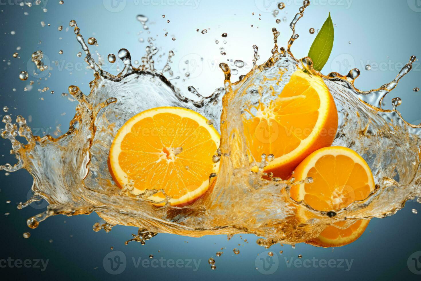 Colorful juice splash bursting from a fresh orange isolated on a white background photo