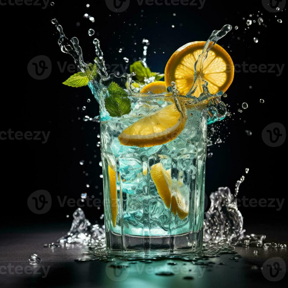 Cocktail splashes frozen in time refreshing background with empty space for text photo