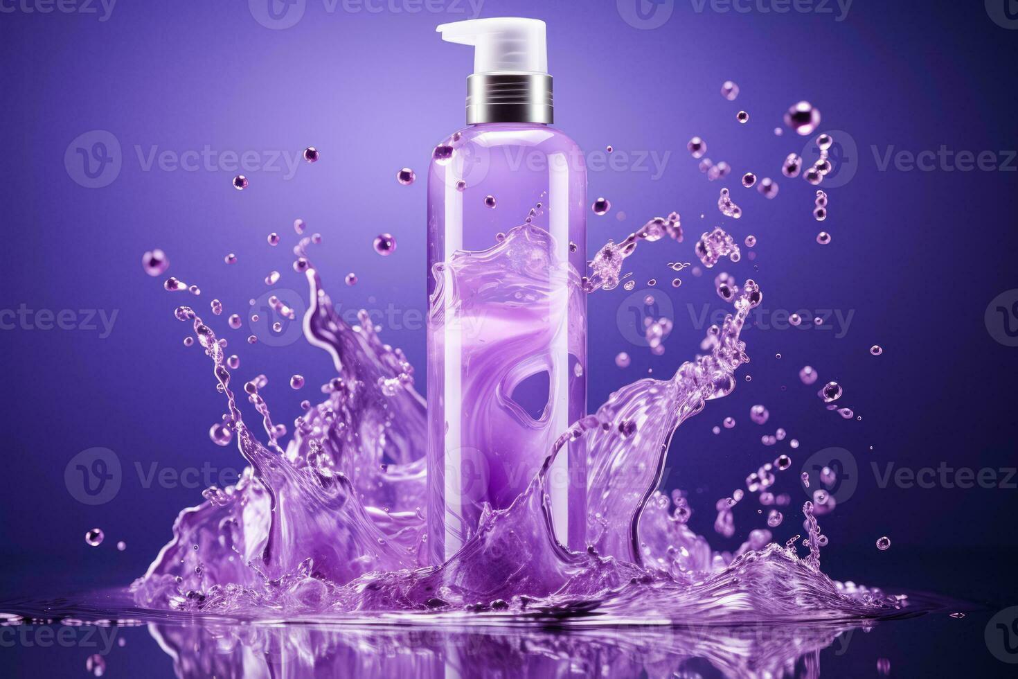 Purple shampoo splashing out of the bottle isolated on a gradient background photo