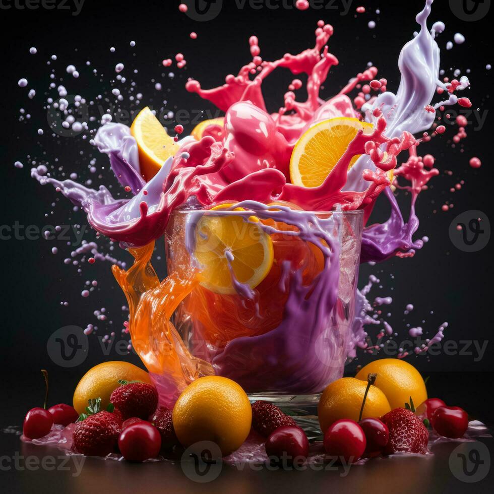 Colorful smoothie whirls wildly creating a captivating splash in mid air photo