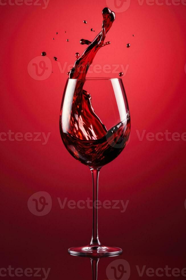 Red wine pouring and splashing isolated on a gradient background photo