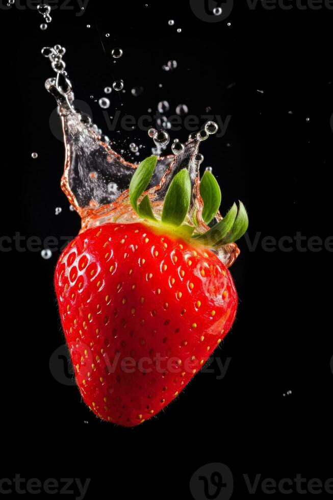 Fresh strawberry plunging into juice with splash isolated on a gradient background photo