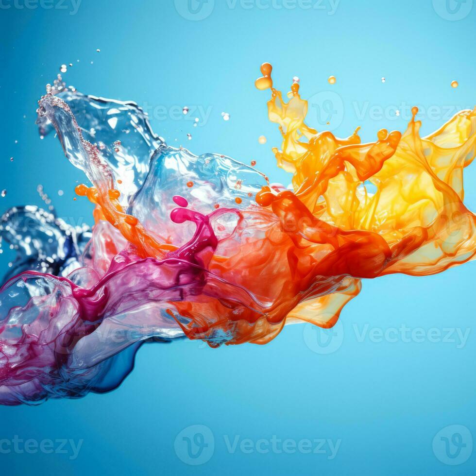 Colorful paint splashes merging in water isolated on a gradient background photo