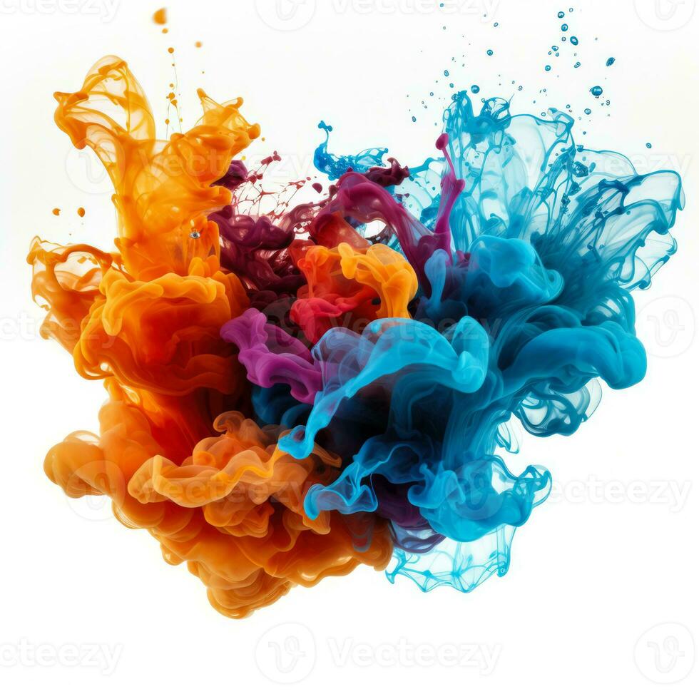Vibrant paint splashes merging in water isolated on a white background photo