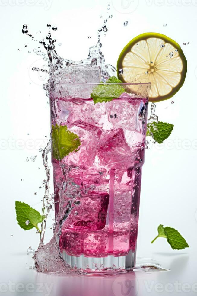 Refreshing cocktail with liquid splashes frozen in time isolated on a white background photo