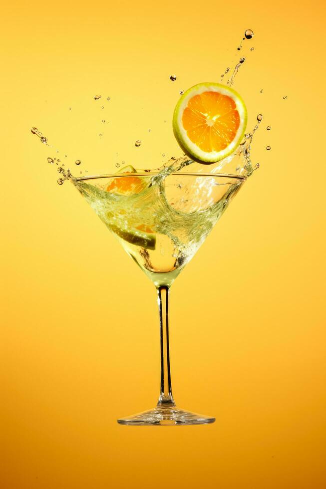 Citrus cocktail splashes in a martini glass isolated on a gradient background photo