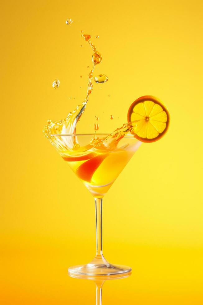 Citrus cocktail splashes in a martini glass isolated on a gradient background photo