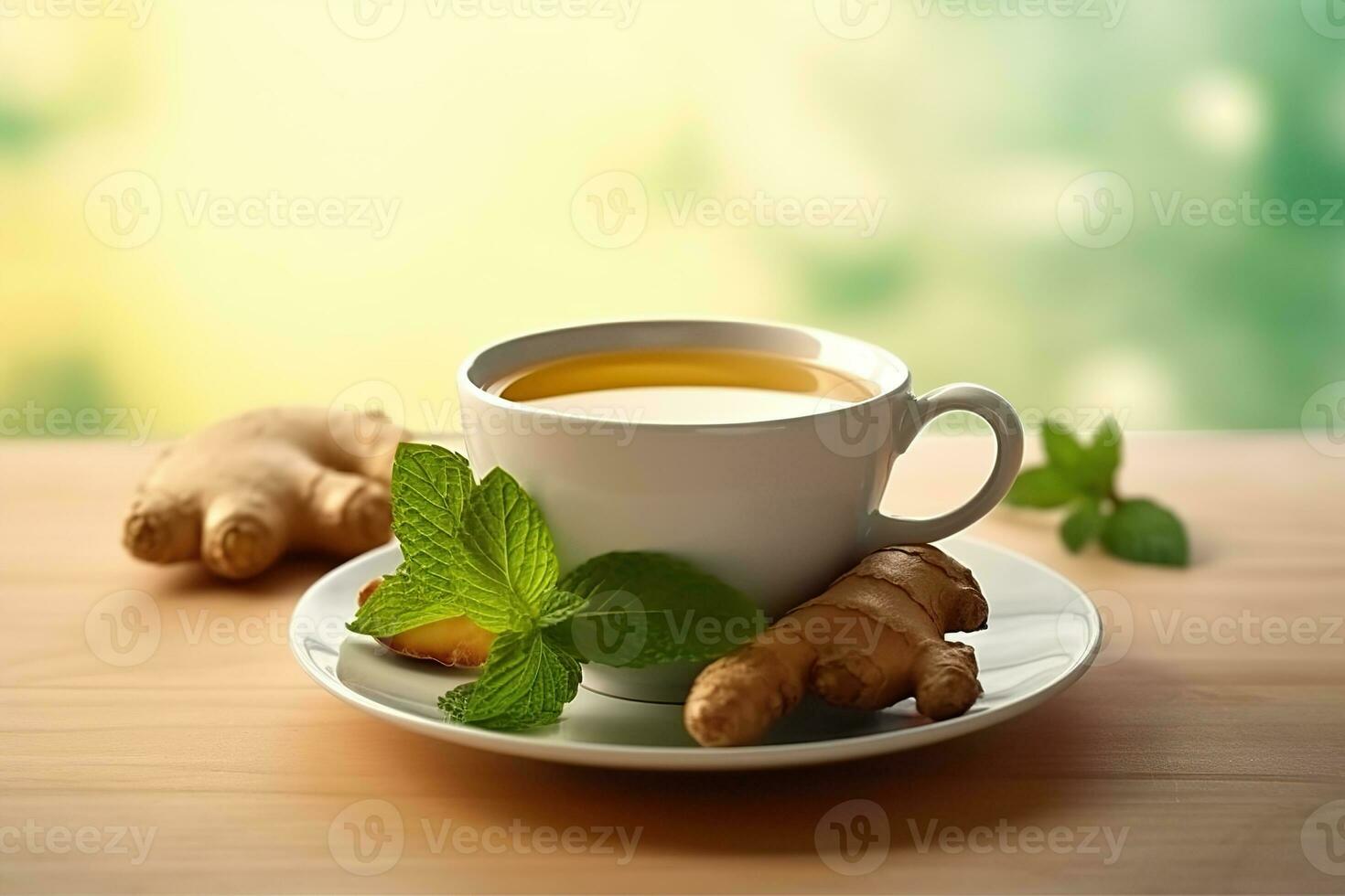 Tea cup with organic green tea leaf on the wooden table AI Generated photo