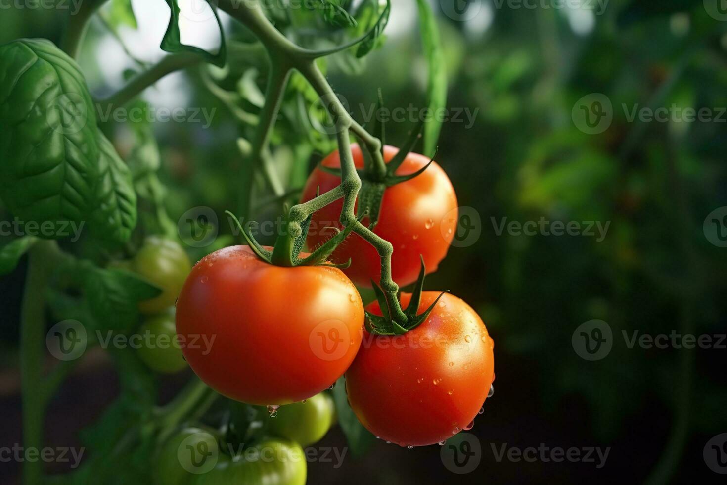 Ripe tomatoes on green branch AI Generated photo