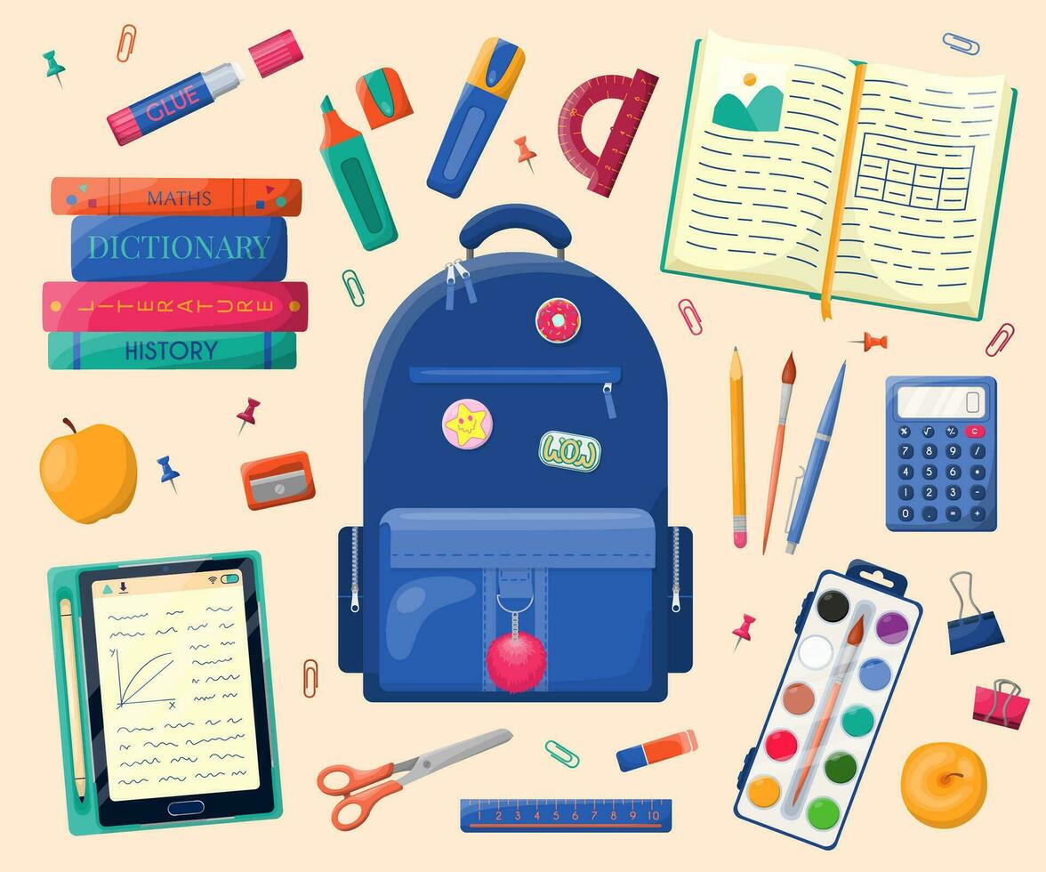 Set of school stationery or office supplies with blue backpack. Back to school and education concept. Tools for kids, pupils, students. Design for web, educational study promotion ads, social media vector