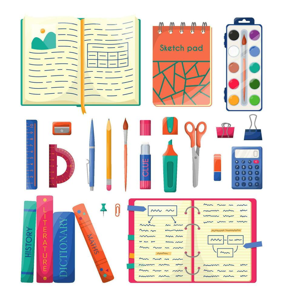 Set of school stationery or office supplies. Back to school and education concept. Tools for kids, pupils, students. Items collection for web design, educational study promotion ads, social media vector