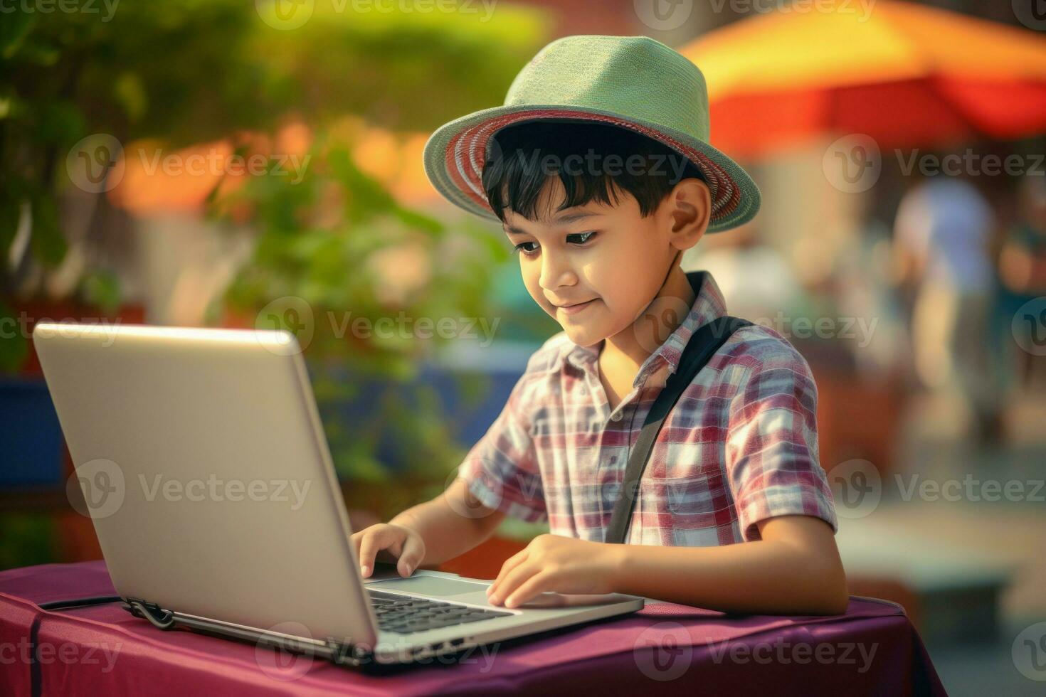 Boy learning laptop instruction. Generate Ai photo