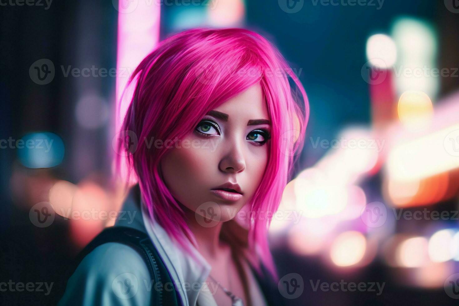 Asian pink girl on street. Generate Ai photo